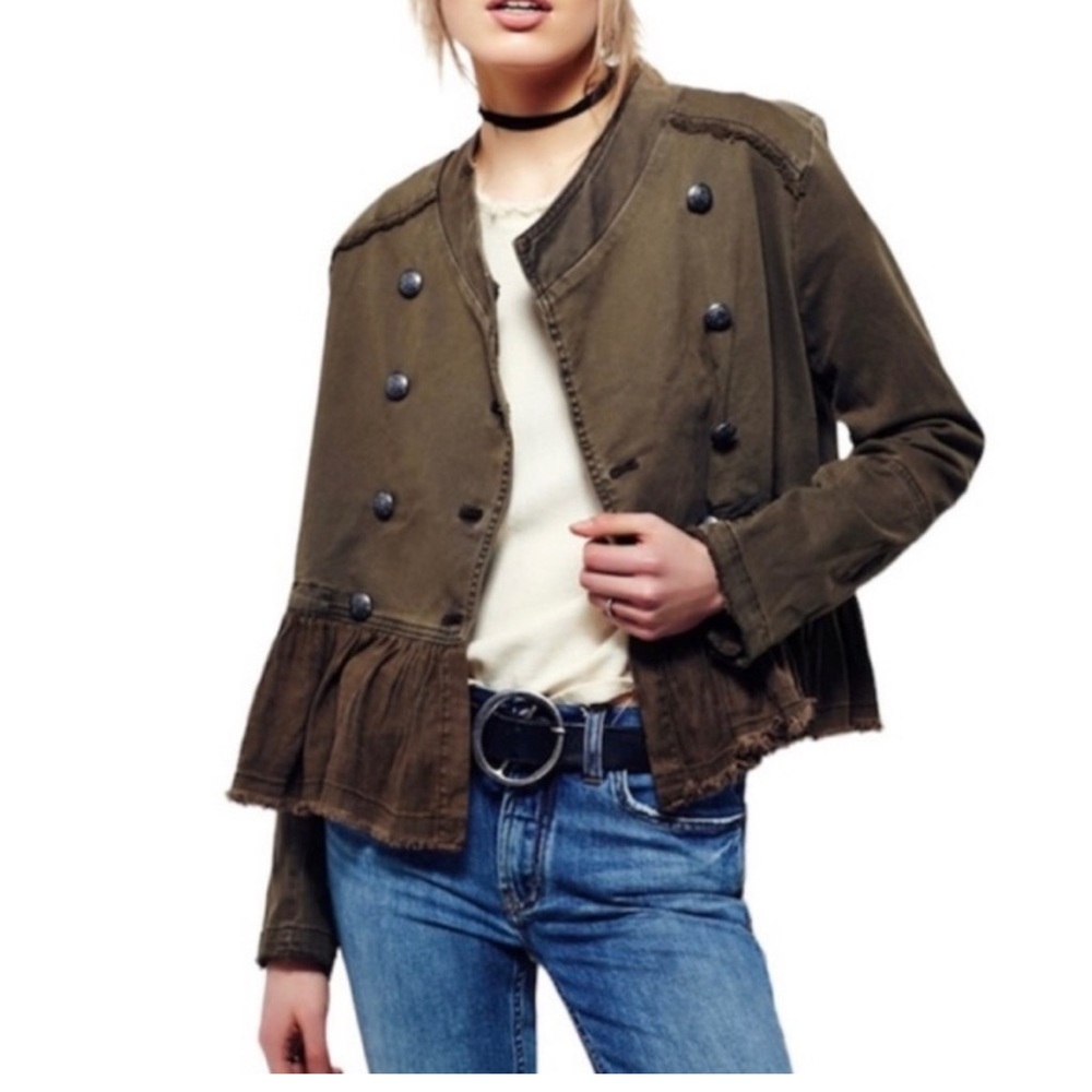 Free People Military Green Double Breasted Ruffle Jacket, Size XS